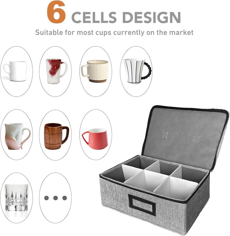 HURZMORO Cup and Mug Storage Box with Dividers – Stackable Hard Shell Organizer with Zipper Lid and Handles, Holds 6 Coffee Mugs or Tea Cups, Ideal for Moving and Packing(Grey) - Image 5